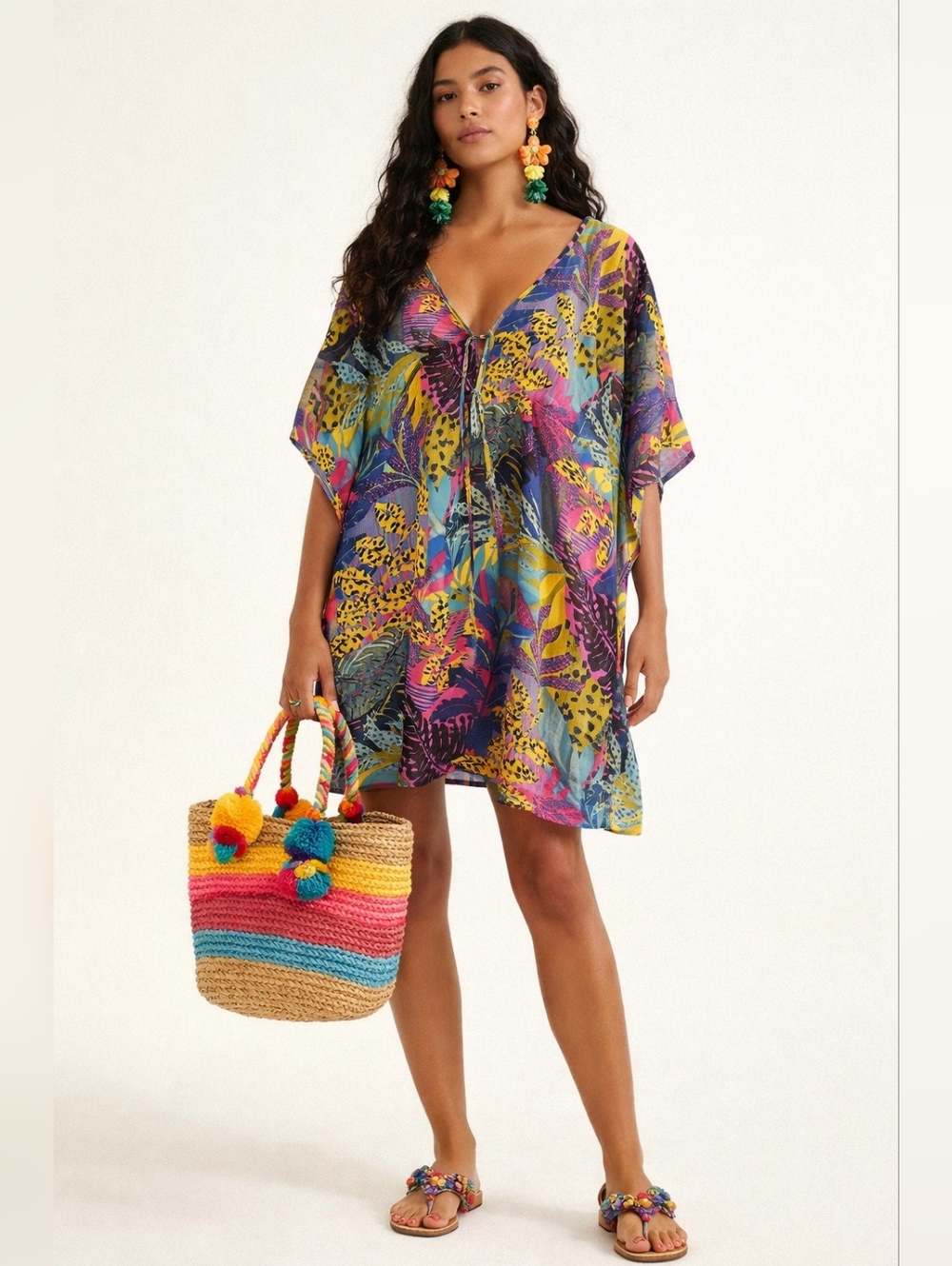 NWT Into the Bleu by Amerex Tropical Kaleidoscope Kaftan, L, Colorful, Pool